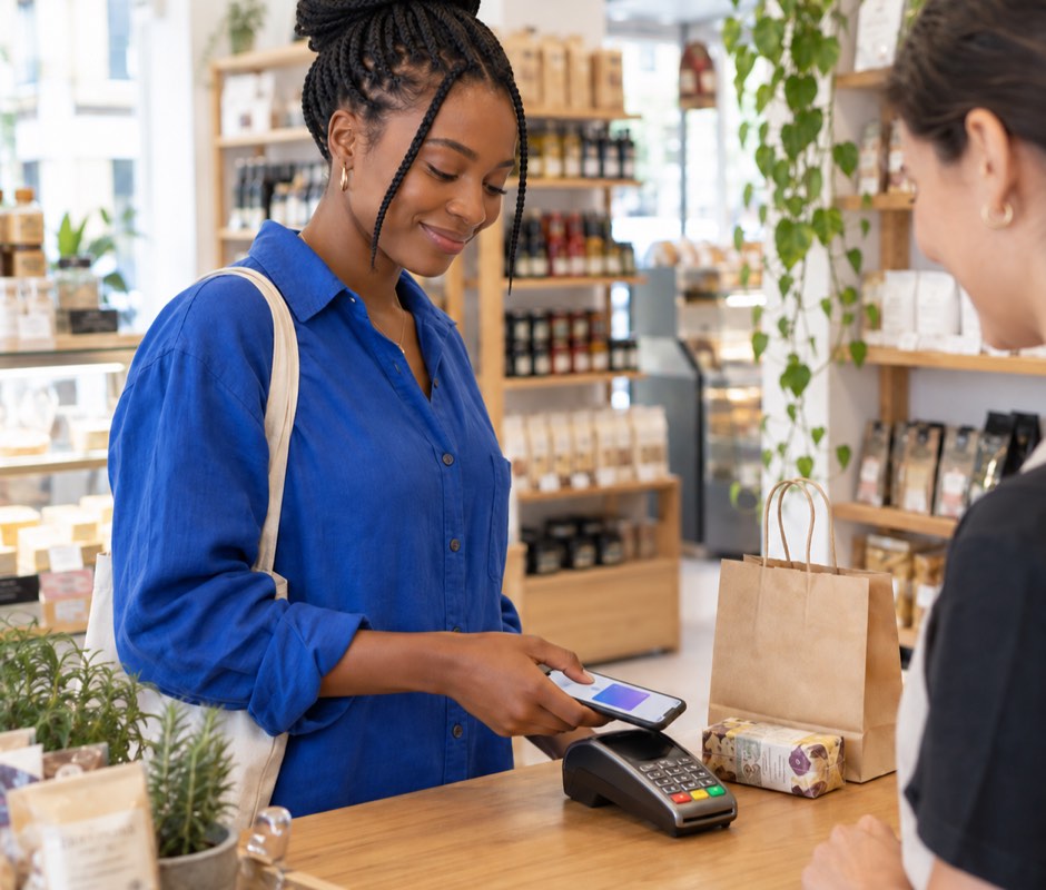 Mulher a pagar contactless com o telemóvel no balcão de uma loja